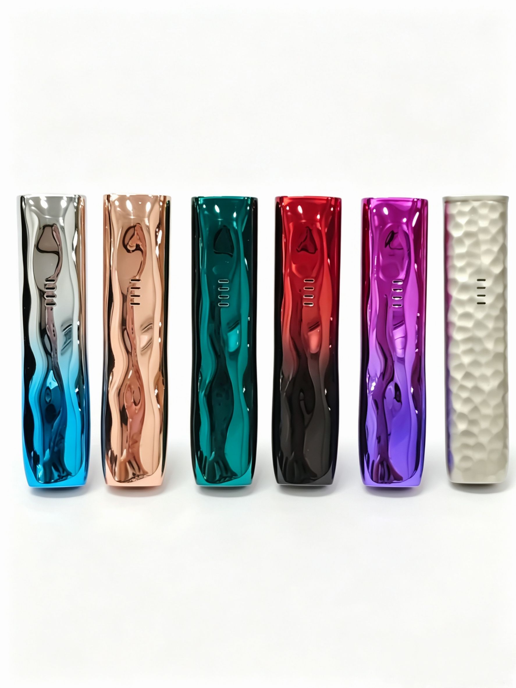 Pod shell colour range — six finishes including chrome, rose gold, teal, red, purple and textured silver